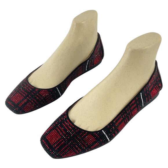 Inc Red & Black Synthetic Rhinestone Plaid Ballet Flats Women’s Size 7 Pre-Owned - Picture 1 of 6